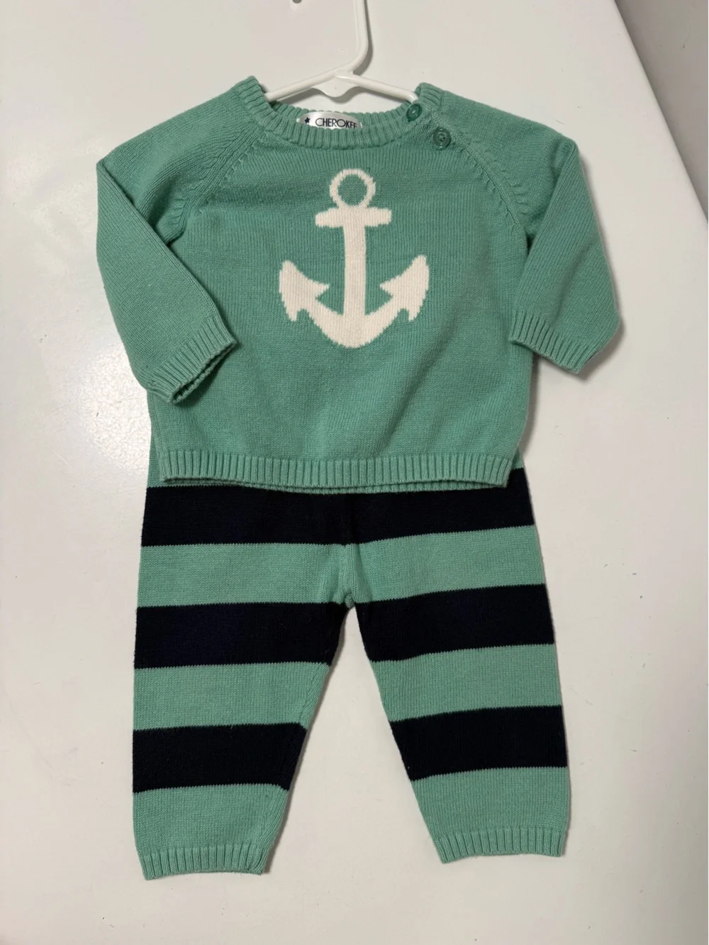 Mint Green Sweater Set with White Anchor and Navy Stripes
